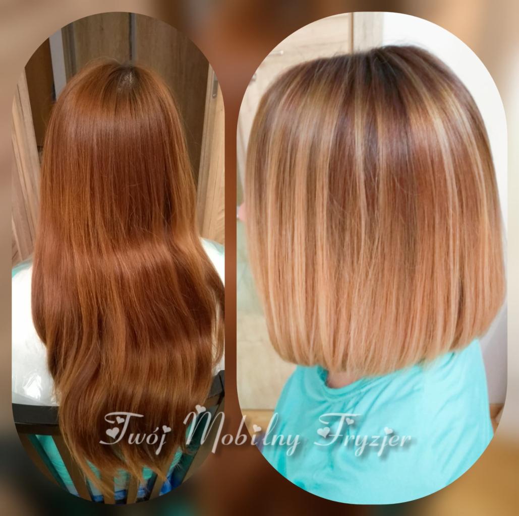 Koloryzacja włosów: przedłużone, miedziane włosy przed i po obcięciu na krótko z ombre w odcieniach blondu i brązu.