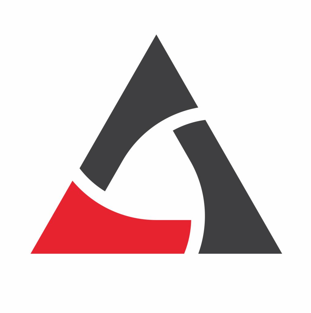 Abstrakcyjne logo firmy z Częstochowy: czarno-czerwony trójkąt z wyciętym białym kształtem w środku. Minimalistyczny design, geometryczny.