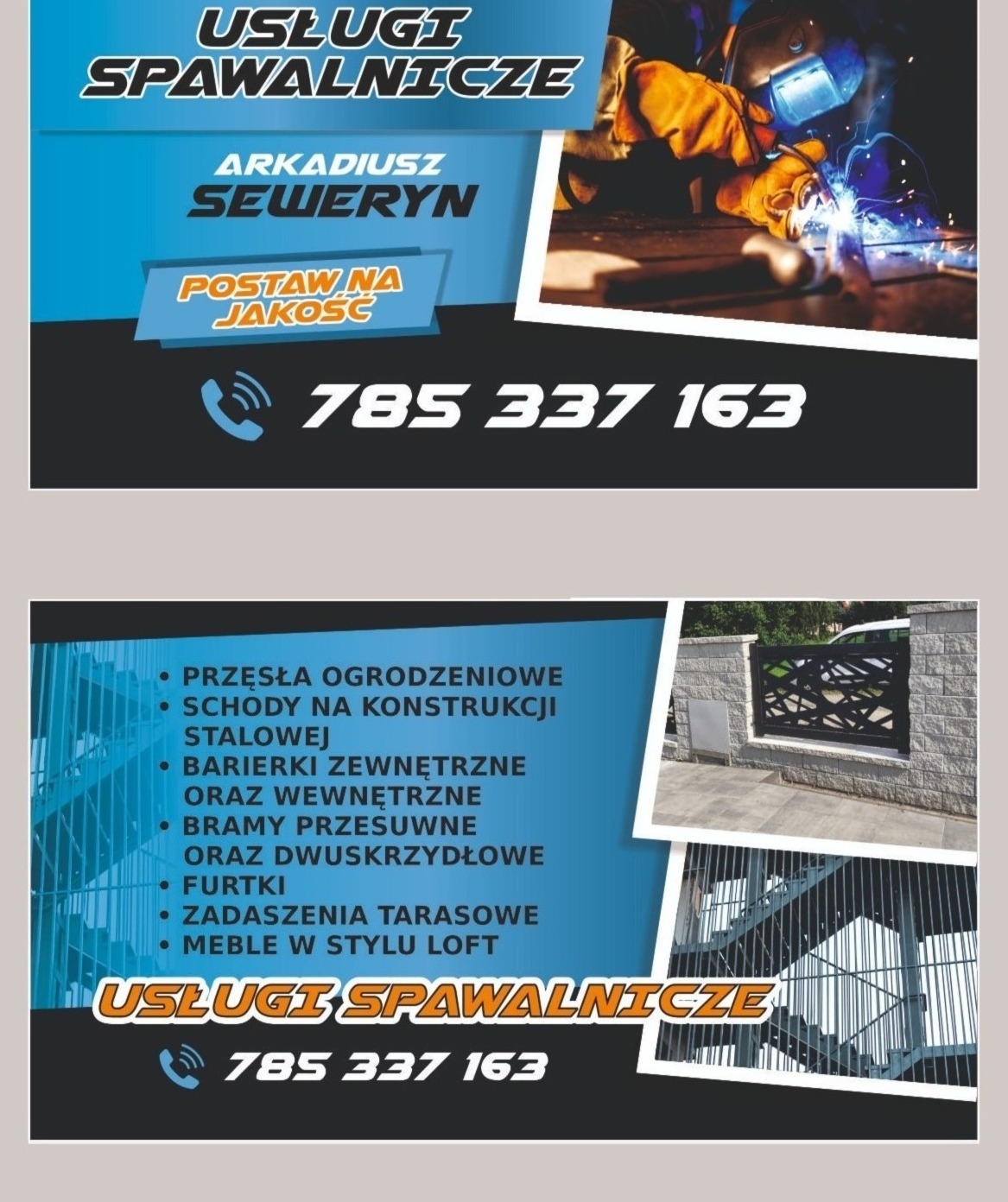 Grafika reklamowa usług spawalniczych prezentująca spawacza w pracy, fragment ogrodzenia i schodów metalowych, oraz listę oferowanych produktów i numer telefonu.