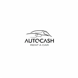 Minimalistyczne logo firmy Autocash Rent a Car przedstawiające zarys samochodu nad nazwą firmy.