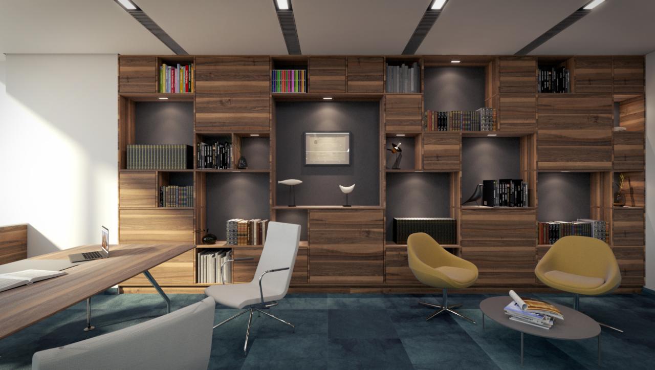 Nowoczesne biuro z drewnianą zabudową regałową, żółtymi fotelami i biurkiem z laptopem, oświetlone punktowymi lampami sufitowymi.