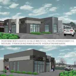 Wizualizacja 3D nowoczesnego budynku usługowego z szarą elewacją, dużymi oknami, niską zielenią przed wejściem, zaparkowanym białym SUV-em i osobami w tle.