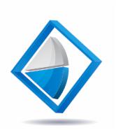 Grafika wektorowa przedstawiająca trójwymiarowy, błękitny kwadrat z zaokrąglonymi krawędziami, w którego wnętrzu znajduje się biało-szary element przypominający wycinek sfery z lustrzanym odbiciem...