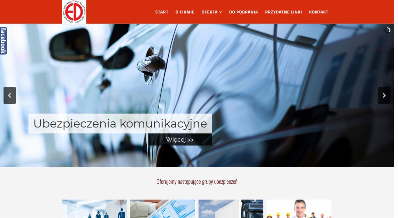 Fragment strony internetowej z motywem samochodowym i napisem 'Ubezpieczenia komunikacyjne'