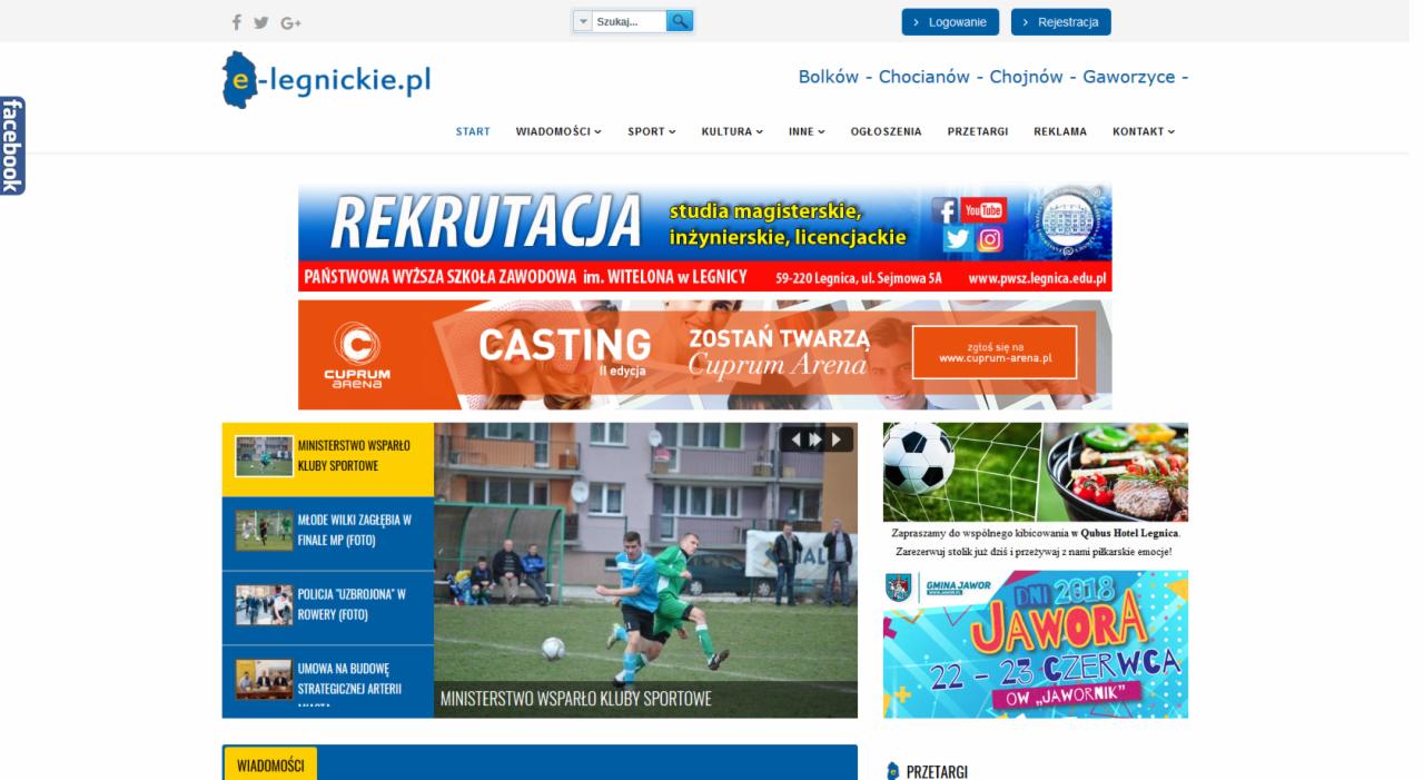 Zrzut ekranu strony internetowej e-legnickie.pl z nagłówkiem, menu nawigacyjnym, banerami reklamowymi i aktualnościami sportowymi oraz ogłoszeniami.