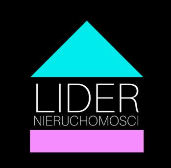 Logo firmy LIDER NIERUCHOMOŚCI na czarnym tle, z turkusowym trójkątem symbolizującym dach domu i różowym prostokątem pod napisem.