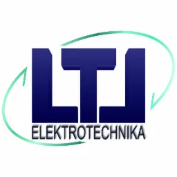 Logo firmy LTI Elektrotechnika z Warszawy, składające się z granatowych liter i zielonej obwódki.
