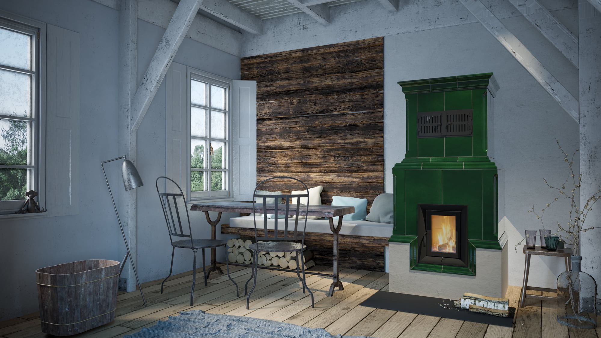 Kaflowy piec bawarski w rustykalnej izbie