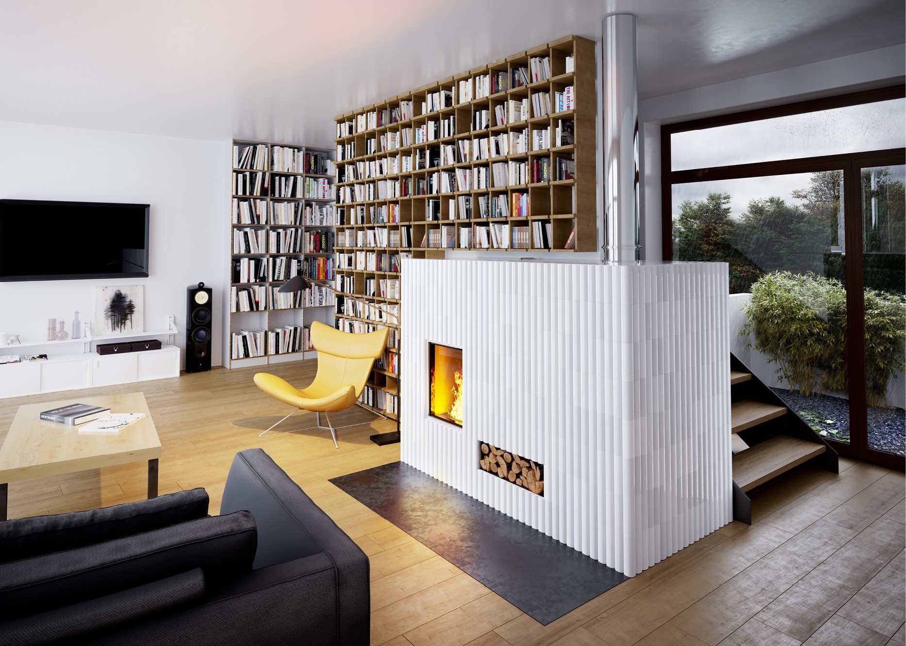 Pokojowy piec kaflowy z metalowym kominem