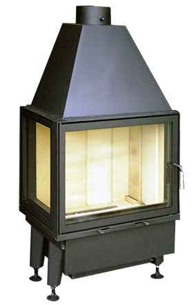 Nowoczesny, czarny kominek z przeszklonym paleniskiem i regulowanymi nóżkami, widok z przodu na białym tle.