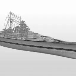 Siatkowy model 3D pancernika w odcieniach szarości na jasnym tle, prezentujący jego konstrukcję i detale.