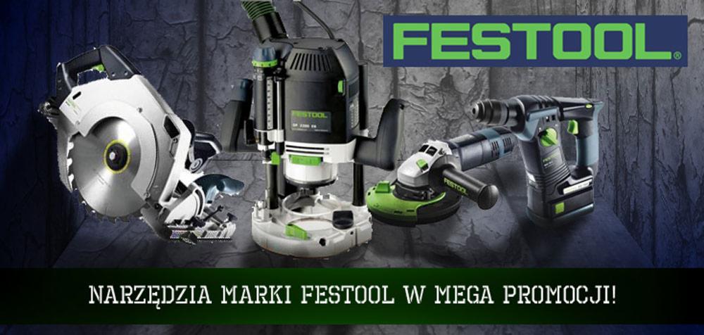 Zestaw narzędzi marki Festool w promocyjnej ofercie: piła tarczowa, frezarka górnowrzecionowa, szlifierka kątowa i wiertarko-wkrętarka akumulatorowa na tle imitującym kamienną ścianę.