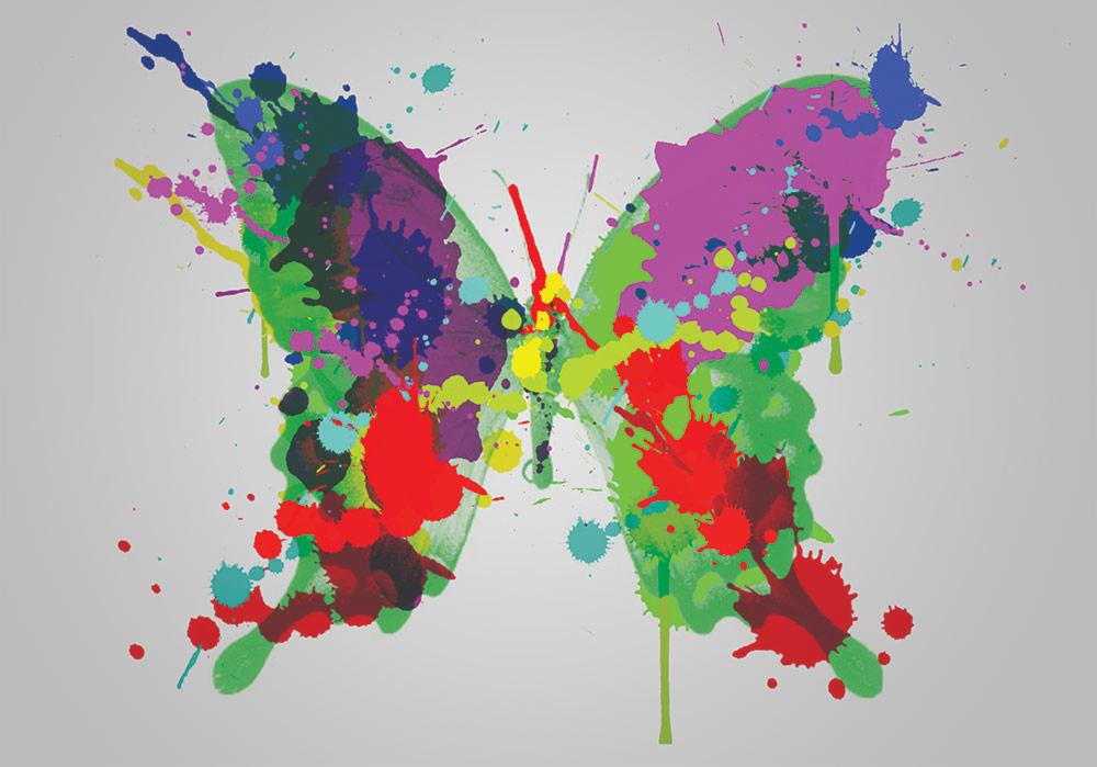 Stylizowany motyl z zielonymi skrzydłami pokrytymi kolorowymi plamami farby: czerwonymi, niebieskimi, żółtymi i fioletowymi na jasnoszarym tle.