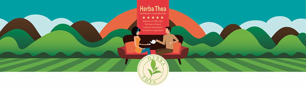 Ilustracja wektorowa: para pije herbatę na kanapie na tle stylizowanego krajobrazu z górami i polem, logo Herba Thea w prawym dolnym rogu.