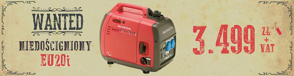 Reklama agregatu prądotwórczego Honda EU20i w stylu westernowym, z ceną 3499 zł + VAT i napisem 'WANTED Niedościągniony EU20i'.