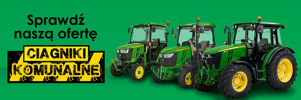 Zielone ciągniki komunalne John Deere na jednolitym zielonym tle, z żółtym napisem 'Sprawdź naszą ofertę' i stylizowanym logo 'Ciągniki Komunalne'.