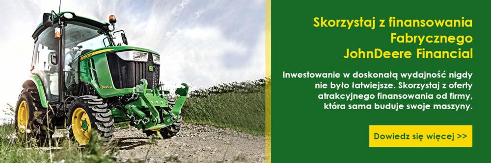 Zdjęcie zielonego traktora John Deere na polnej drodze w okolicach Mińska Mazowieckiego, obok tekst reklamowy o finansowaniu fabrycznym.