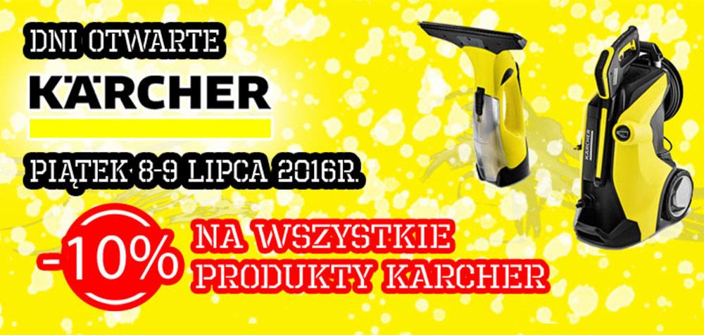 Żółto-czarny plakat reklamowy dni otwartych Kärcher z ofertą -10% na wszystkie produkty, prezentujący myjkę do okien i myjkę ciśnieniową.