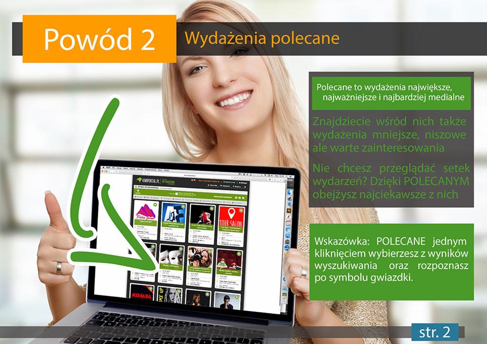 Kobieta uśmiecha się, wskazując na ekran laptopa z listą polecanych wydarzeń na portalu. Strona prezentuje miniaturki zdjęć i nazwy wydarzeń.
