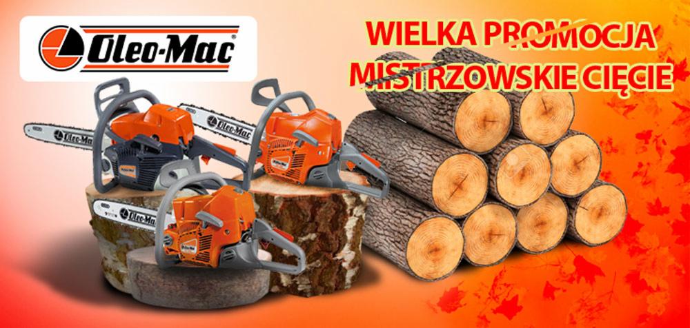 Promocyjny baner z trzema pomarańczowymi pilarkami Oleo-Mac na pniakach i ułożonymi kłodami drewna na pomarańczowym tle z napisem 'Wielka promocja, mistrzowskie cięcie'.