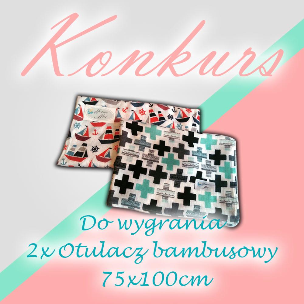 Dwa bambusowe otulacze 75x100cm z różnymi wzorami: jeden w marynarskie motywy (żaglówki, kotwice), drugi w krzyże, prezentowane na tle z napisem 'Konkurs' i informacją o wygranej.