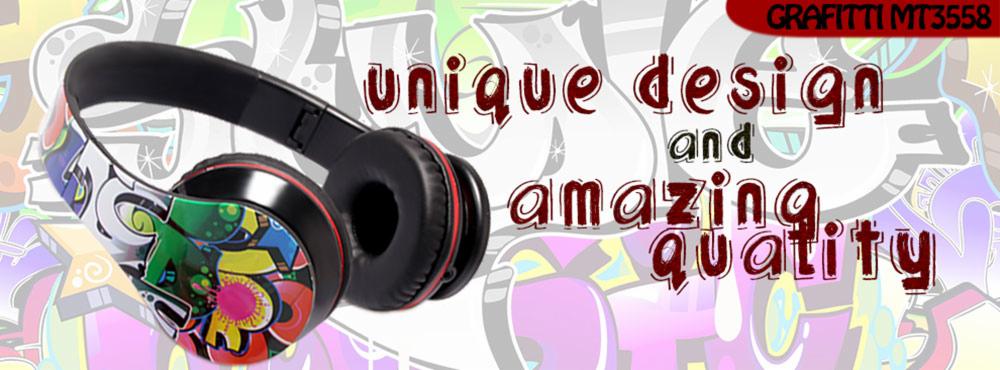 Słuchawki z unikalnym, kolorowym wzorem graffiti na tle stylizowanym na graffiti, prezentujące hasło 'unique design and amazing quality'.