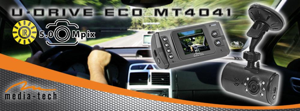 Kamera samochodowa U-DRIVE ECO MT4041 z widokiem na drogę z perspektywy kierowcy, zamontowana na przedniej szybie.