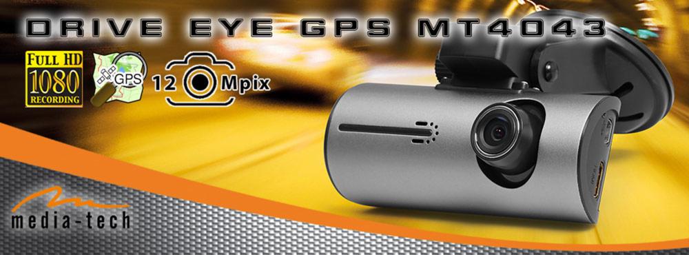Kamera samochodowa Drive Eye-GPS MT4043 z funkcją Full HD 1080p i GPS, 12 Mpix, na tle z logo Media-Tech.