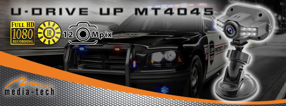 Kamera samochodowa U-Drive Up MT4045 z widocznymi specyfikacjami Full HD 1080, IR, 12 Mpix, umieszczona obok samochodu stylizowanego na policyjny.