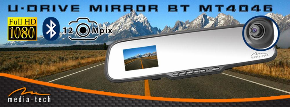 Promocyjne ujęcie lusterka samochodowego z kamerą U-Drive Mirror BT MT4046, z widocznymi specyfikacjami technicznymi i wyświetlanym obrazem drogi na tle górskiego krajobrazu.