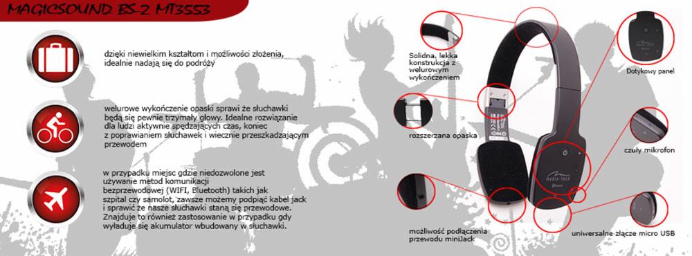 Szare słuchawki bezprzewodowe z welurowym wykończeniem, na grafice z ikonami podróży, sportu i lotu, podkreślające cechy produktu: solidna konstrukcja, rozszerzana opaska, dotykowy panel, mikrofon,...