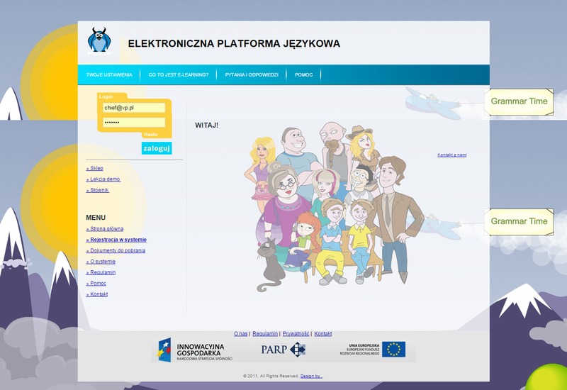 Zrzut ekranu strony logowania do platformy e-learningowej z ilustracjami postaci i motywami górskimi w tle.