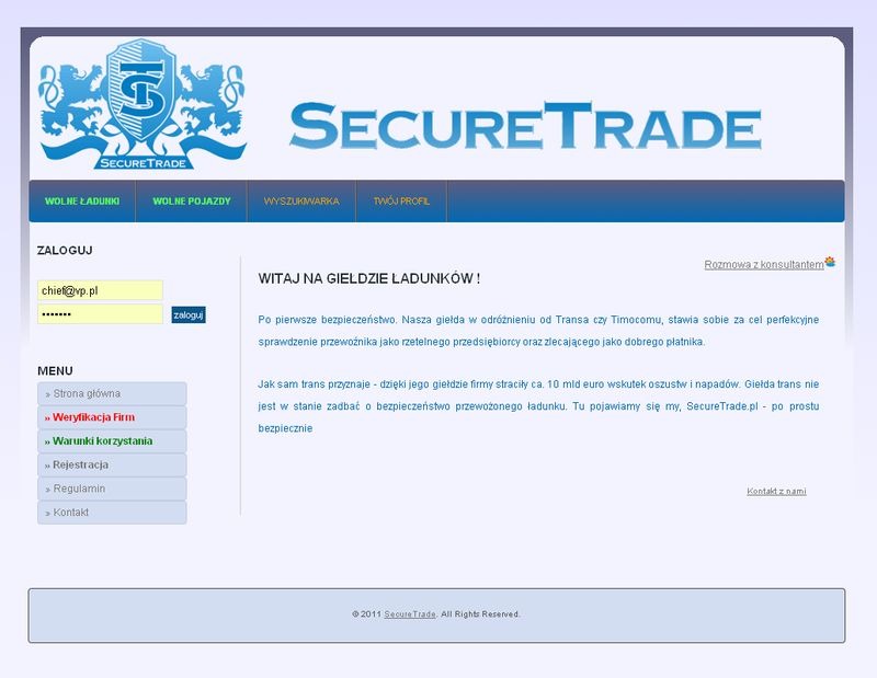 Strona logowania do giełdy ładunków SecureTrade z menu po lewej stronie i tekstem powitalnym w centrum.