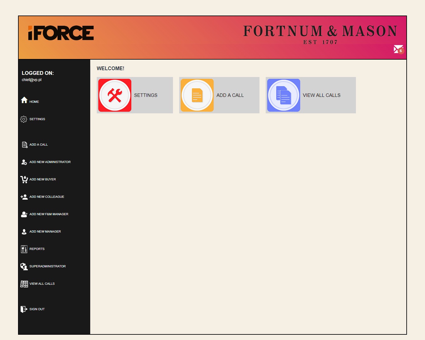 Interfejs użytkownika aplikacji iForce z logo Fortnum & Mason w nagłówku, prezentujący menu z opcjami takimi jak ustawienia, dodawanie i przeglądanie połączeń.