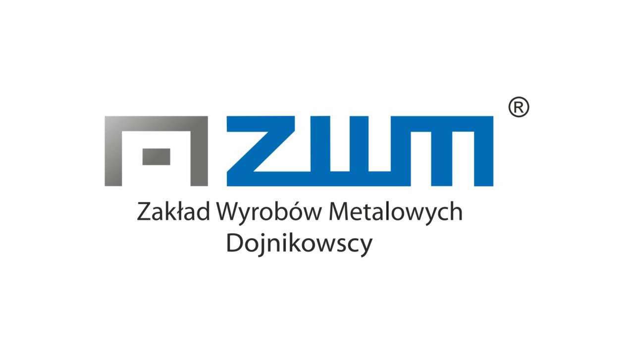 Logo firmy AZUM Zakład Wyrobów Metalowych Dojnikowscy z szarym i niebieskim znakiem graficznym oraz symbolem zarejestrowanego znaku towarowego.