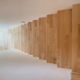 Firma Chrapla - Nowoczesne wnętrze z drewnianą ścianą z paneli ułożonych pionowo, jasna podłoga i okno z widokiem na zewnątrz.