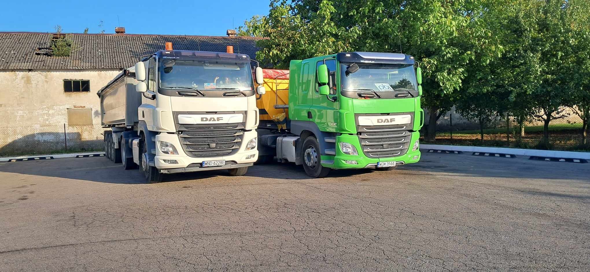 Dwa samochody ciężarowe marki DAF: biały wywrotka i zielony ciągnik siodłowy, stojące obok siebie na placu przed budynkiem z porośniętym mchem dachem.