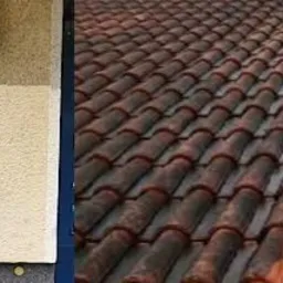 Porównanie stanu elewacji przed i po czyszczeniu, obok dachówki przed i po zabiegu odświeżającym, widoczne kontrasty zabrudzeń i odnowionych powierzchni.