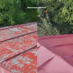 Porównanie stanu dachu przed i po renowacji: po lewej stronie zniszczona, łuszcząca się czerwona farba, po prawej świeżo pomalowany, gładki, czerwony dach na tle zieleni drzew.