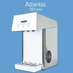 Dystrybutor wody Atlantis 60 Inox, obudowa ze stali nierdzewnej, wyświetlacz LCD i panel sterowania z przyciskami, widoczny wentylator chłodzący z boku.