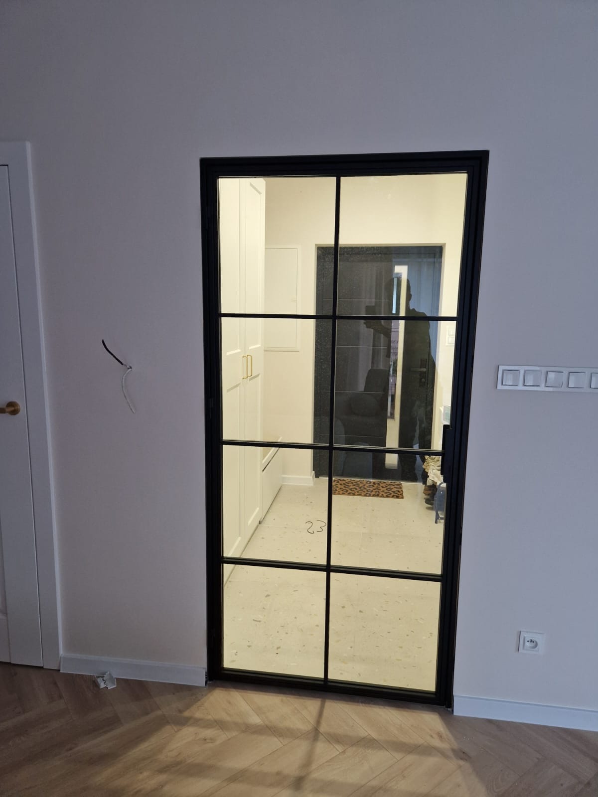 Nowoczesne, przeszklone drzwi wewnętrzne z czarną ramą, dzielone na sześć pól, widok na przedpokój z białą szafą i dywanikiem. Minimalistyczny design.