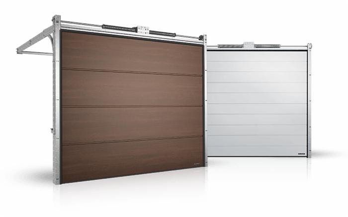 Dwie segmentowe bramy garażowe: brązowa imitująca drewno z widocznym mechanizmem sprężynowym i biała z poziomymi przetłoczeniami, na białym tle.
