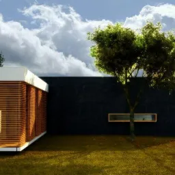 Nowoczesny, minimalistyczny budynek z białymi ścianami i drewnianymi żaluzjami, przylegający do czarnej ściany z poziomym oknem, na tle zachmurzonego nieba i pola.