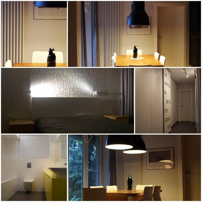 Kolaż zdjęć przedstawiających różne pomieszczenia: jadalnię z drewnianym stołem i czarną lampą, sypialnię z tapetą w litery i łóżkiem, łazienkę z żółtą umywalką oraz korytarz z białymi szafami...