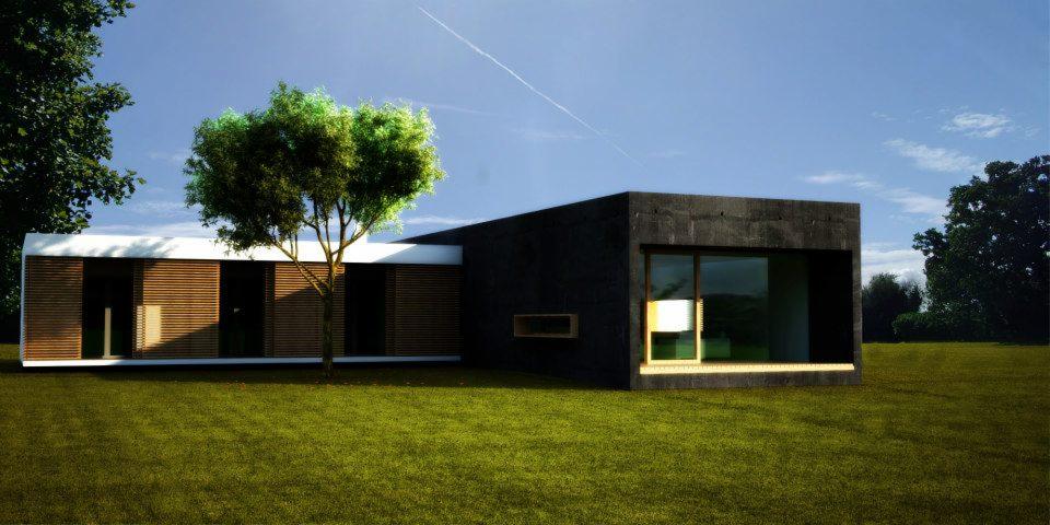 Wizualizacja nowoczesnego, parterowego domu z płaskim dachem, łączącego elementy drewna i betonu, otoczonego zielonym trawnikiem i drzewami.