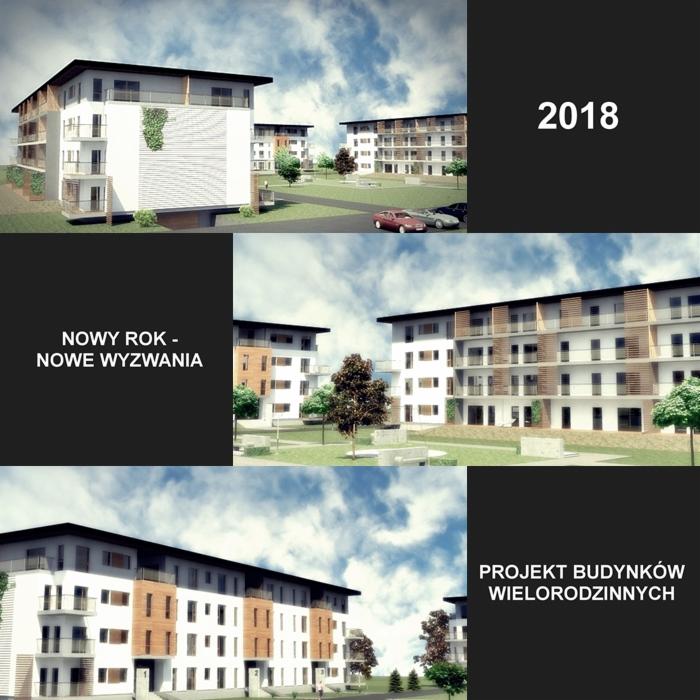 Wizualizacja projektu zespołu budynków wielorodzinnych z elementami zieleni, prezentowana w formie kolażu z napisem 'Projekt budynków wielorodzinnych' oraz 'Nowy rok - nowe wyzwania'.