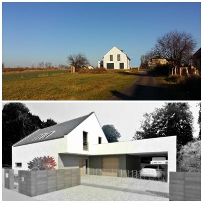 Porównanie wizualizacji 3D nowoczesnego domu z jego rzeczywistym otoczeniem: projekt vs. krajobraz wiejski.