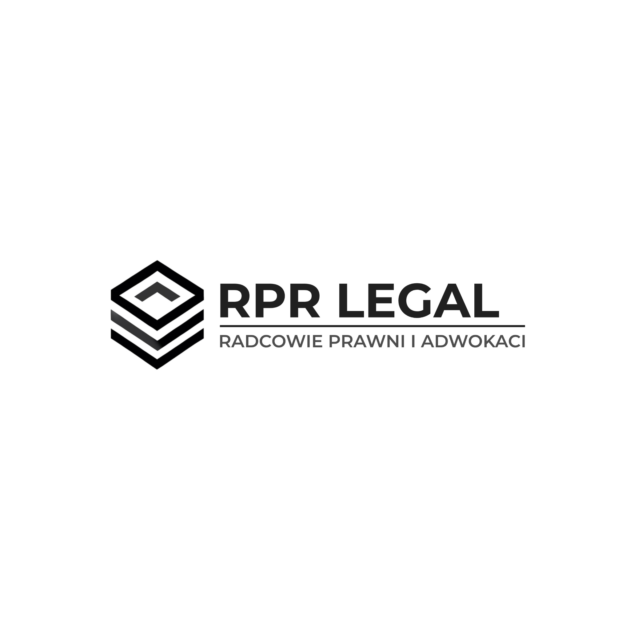 Minimalistyczne logo RPR Legal z geometrycznym symbolem i napisem 'Radcowie Prawni i Adwokaci' w odcieniach szarości na białym tle.