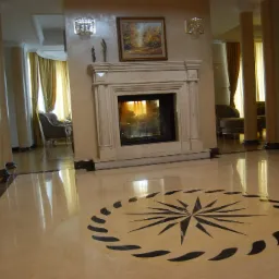 Elegancki salon w Ząbkowicach Śląskich z marmurową podłogą zdobioną wzorem gwiazdy i kominkiem obłożonym jasnym kamieniem, widoczne kolumny i klasyczne meble w tle.