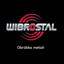 Logo firmy WIBROSTAL z Stalowej Woli specjalizującej się w obróbce metali, na czarnym tle, z czerwonymi elementami graficznymi.